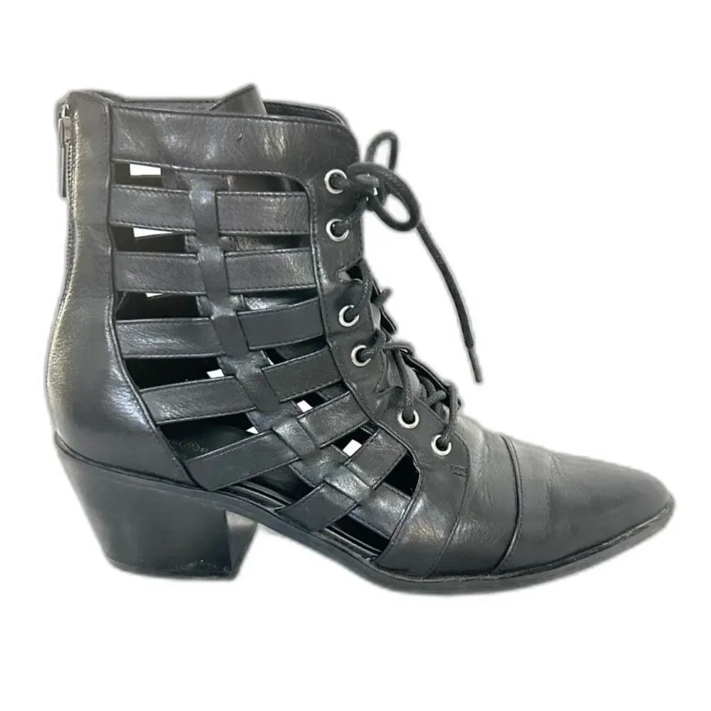 TREASURE & BOND Black Leather Woven Cutout Lace-up Ankle Boots - Size 8 - Picture 1 of 8